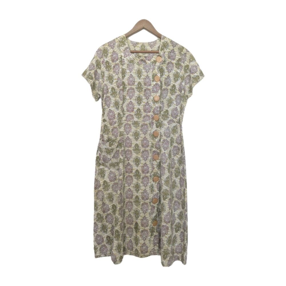 Vintage Cotton Big Button Summer Day Dress Green Pink 50s La-Mar B41 M/L